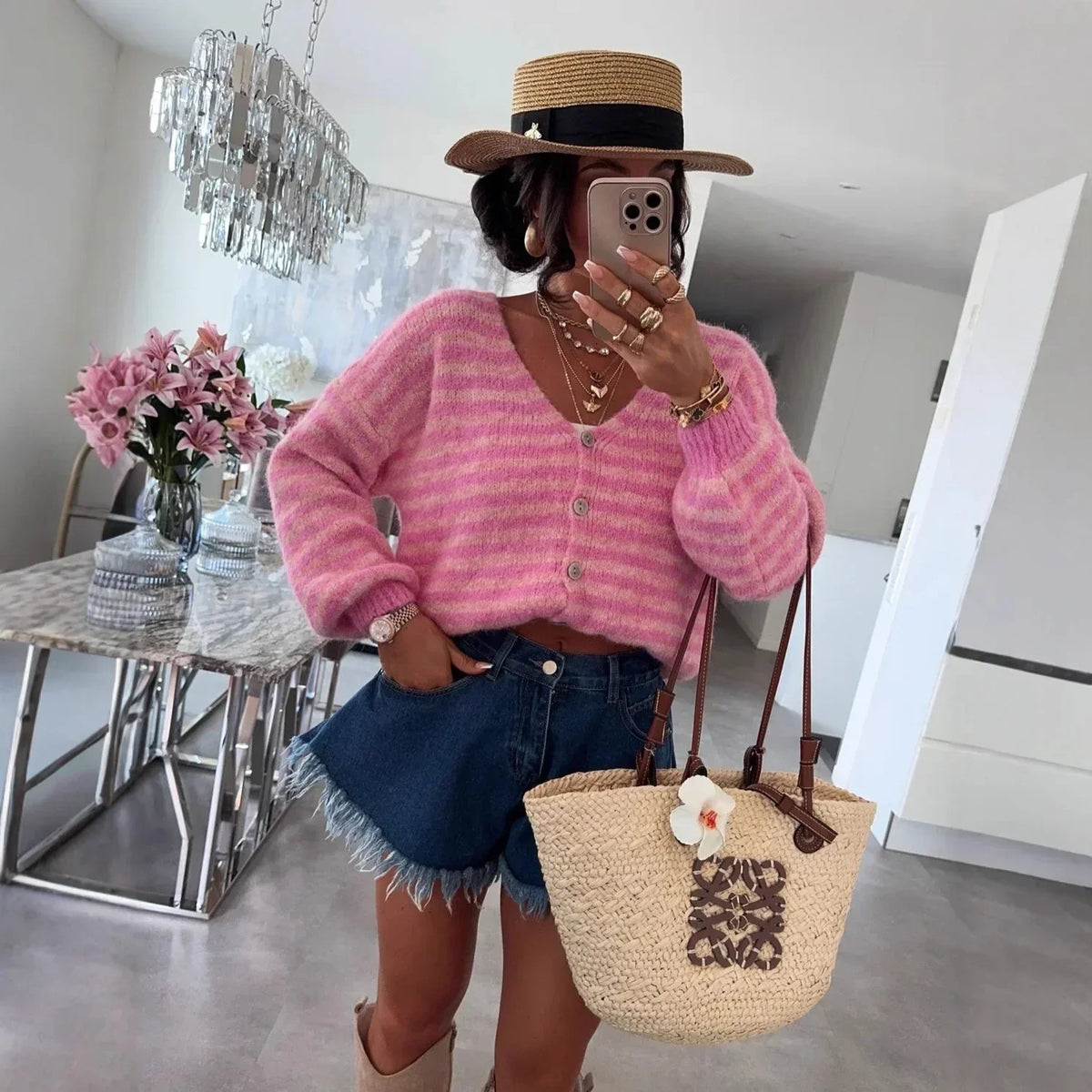 Cardigan Oversized Striped V-Neck Button Front