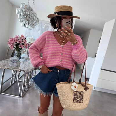 Cardigan Oversized Striped V-Neck Button Front