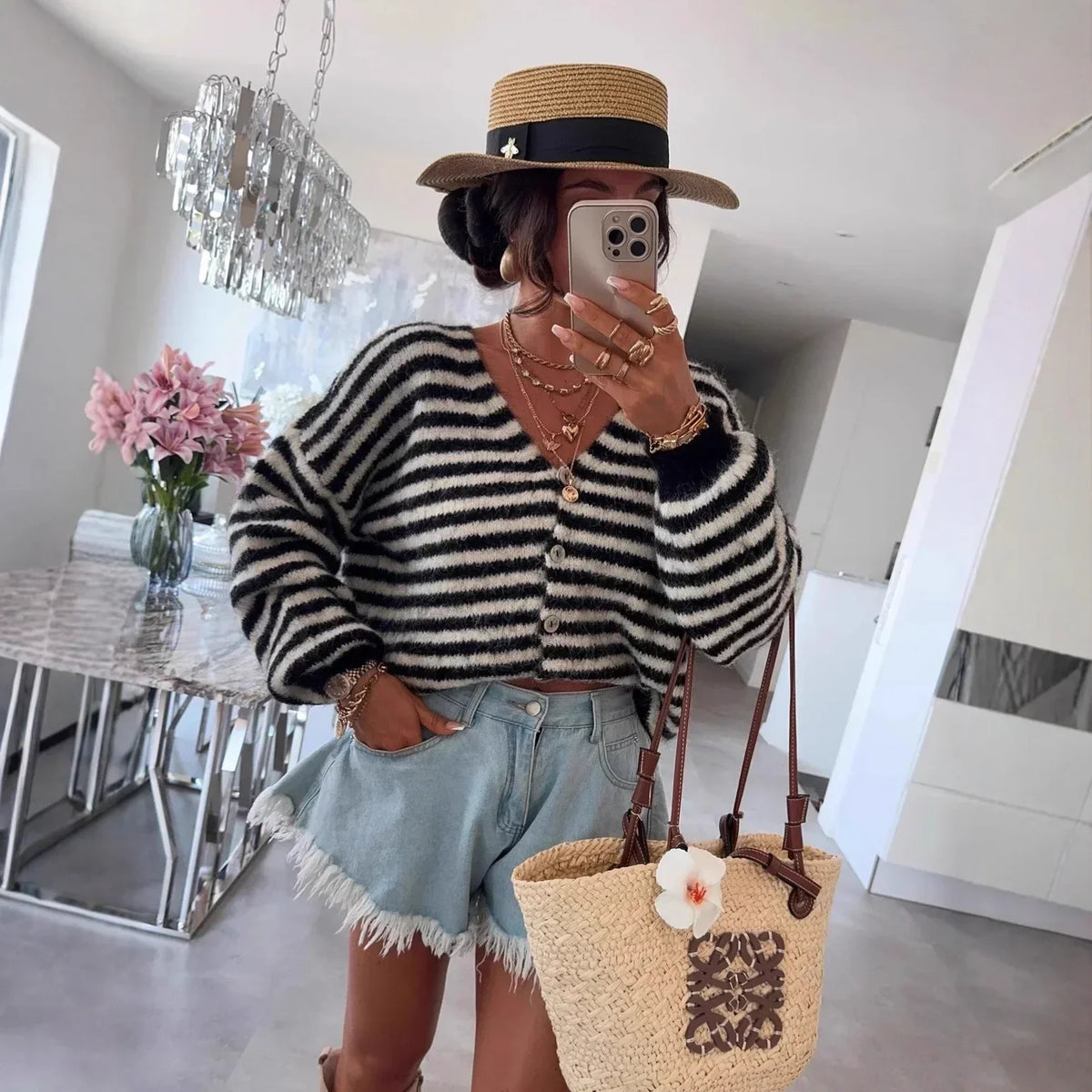 Cardigan Oversized Striped V-Neck Button Front