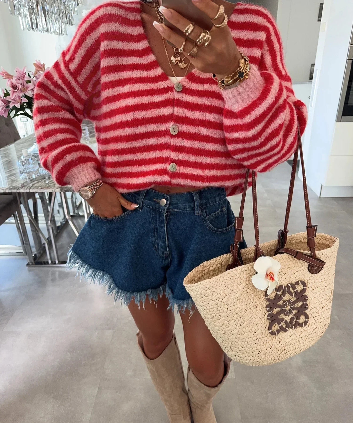 Cardigan Oversized Striped V-Neck Button Front