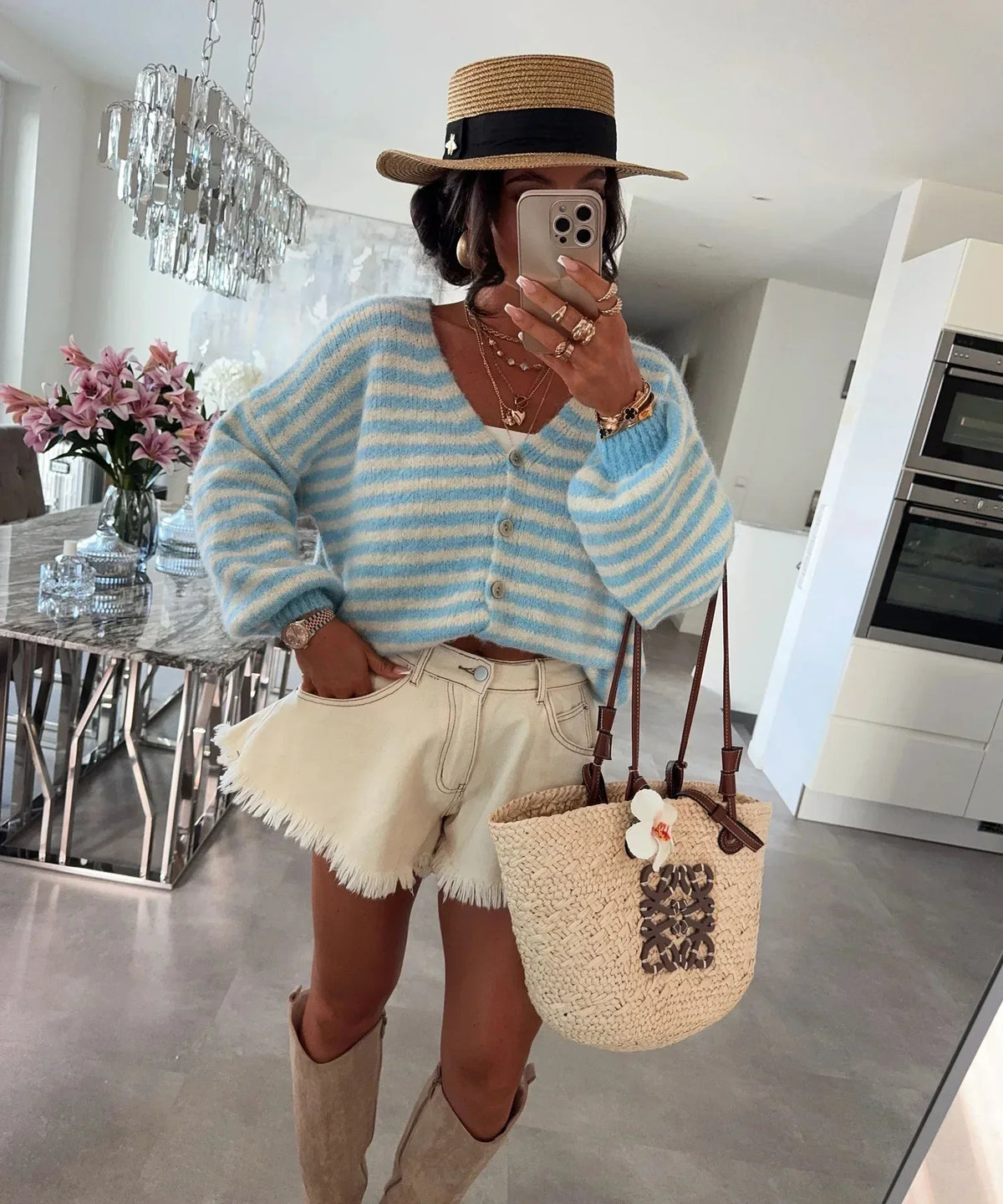 Cardigan Oversized Striped V-Neck Button Front