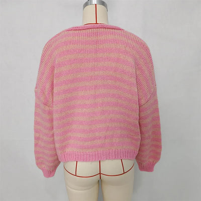 Cardigan Oversized Striped V-Neck Button Front