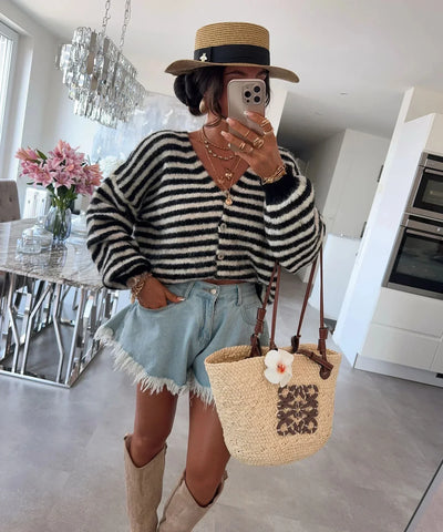 Cardigan Oversized Striped V-Neck Button Front