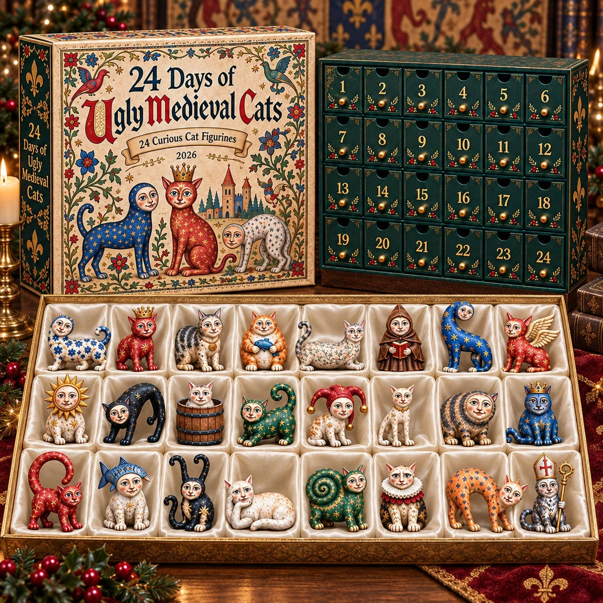 Cat Advent Calendar 24 Acrylic Medieval Ornaments