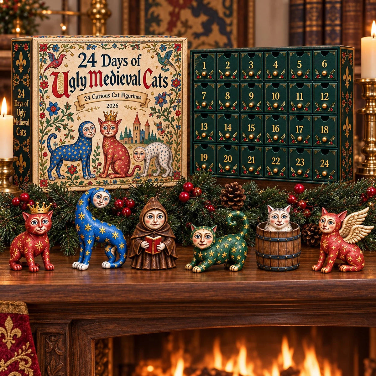 Cat Advent Calendar 24 Acrylic Medieval Ornaments