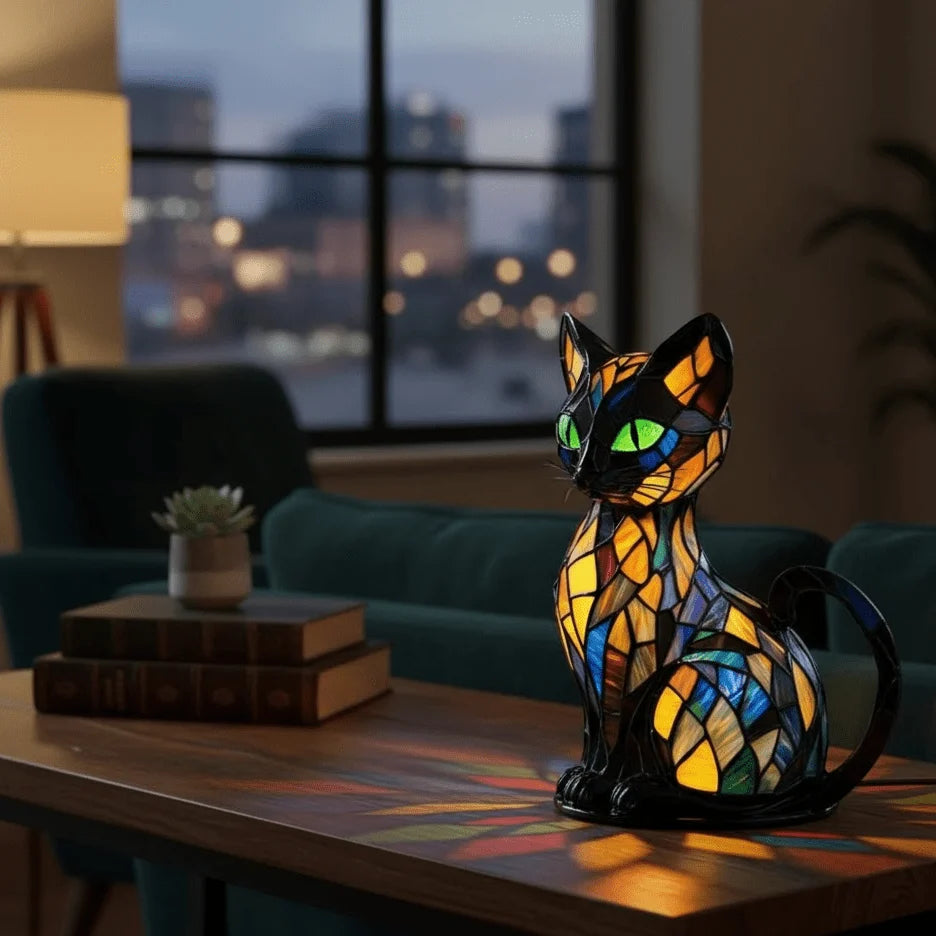Cat Lamp Handmade Resin Warm White LED Light