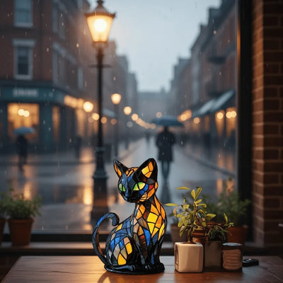 Cat Lamp Handmade Resin Warm White LED Light