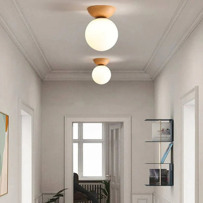 Ceiling Light Glass Globe & Wood-Grain Finish 3-Color Changeable