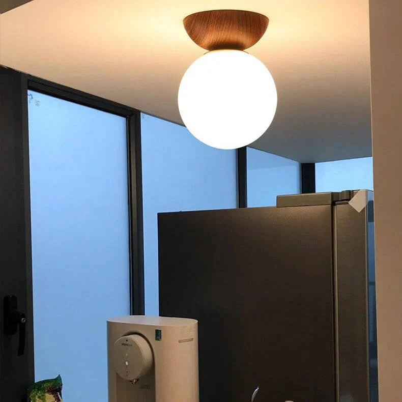 Ceiling Light Glass Globe & Wood-Grain Finish 3-Color Changeable