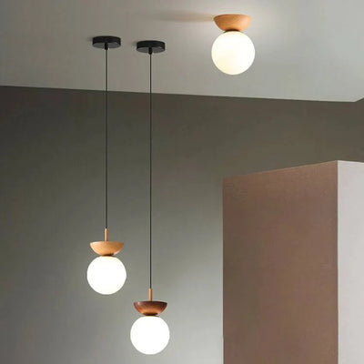 Ceiling Light Glass Globe & Wood-Grain Finish 3-Color Changeable