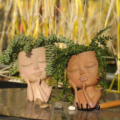 Ceramic Planter Sculpted Face Compact Size for Small Plants