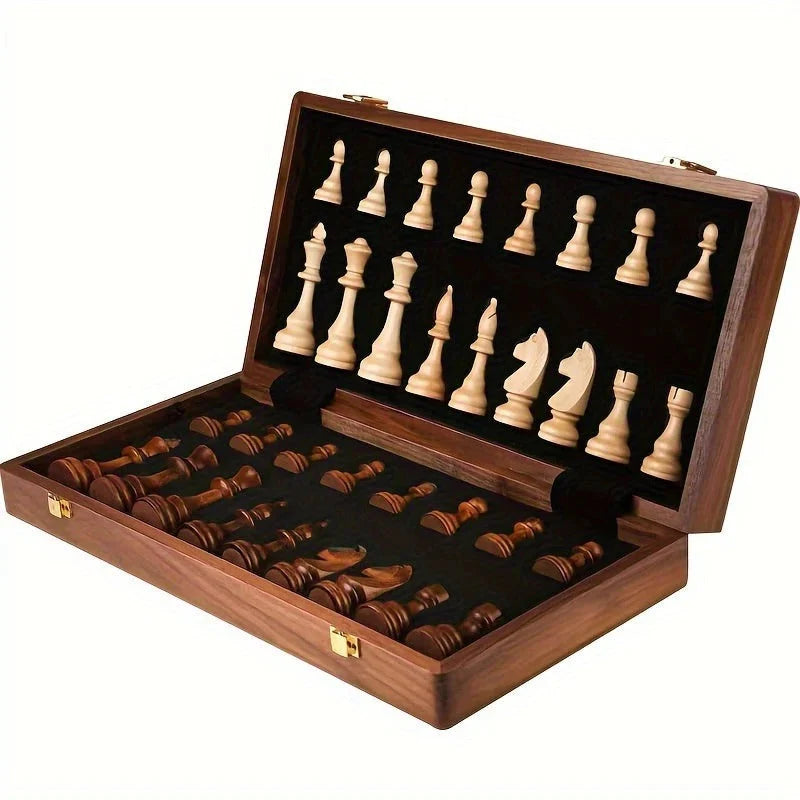 Chess Set Solid Wood Board 34 Carved Pieces Fixed Base