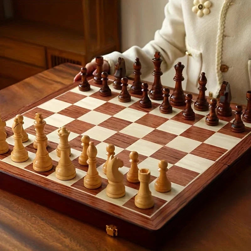 Chess Set Solid Wood Board 34 Carved Pieces Fixed Base