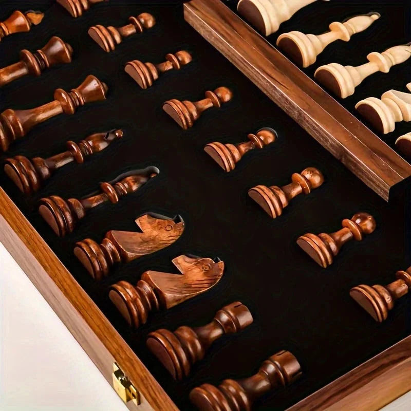 Chess Set Solid Wood Board 34 Carved Pieces Fixed Base