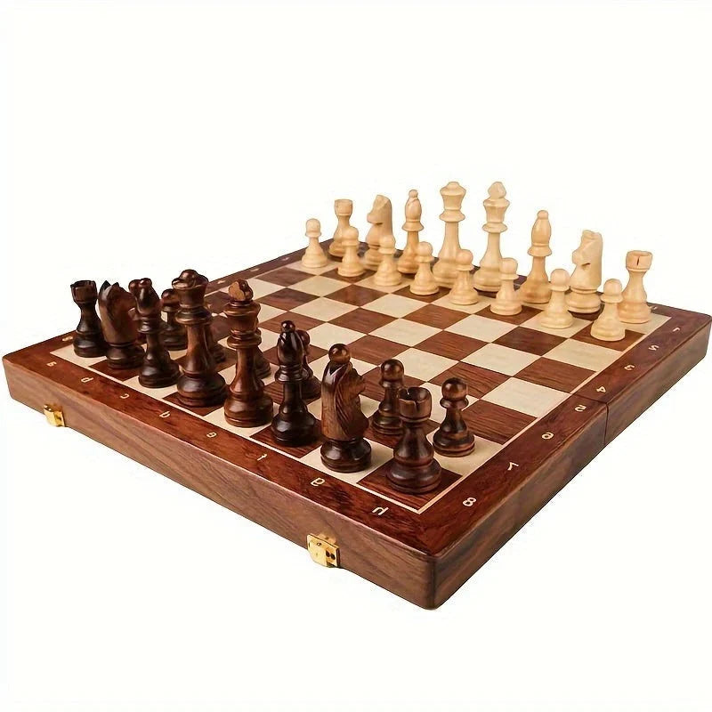 Chess Set Solid Wood Board 34 Carved Pieces Fixed Base