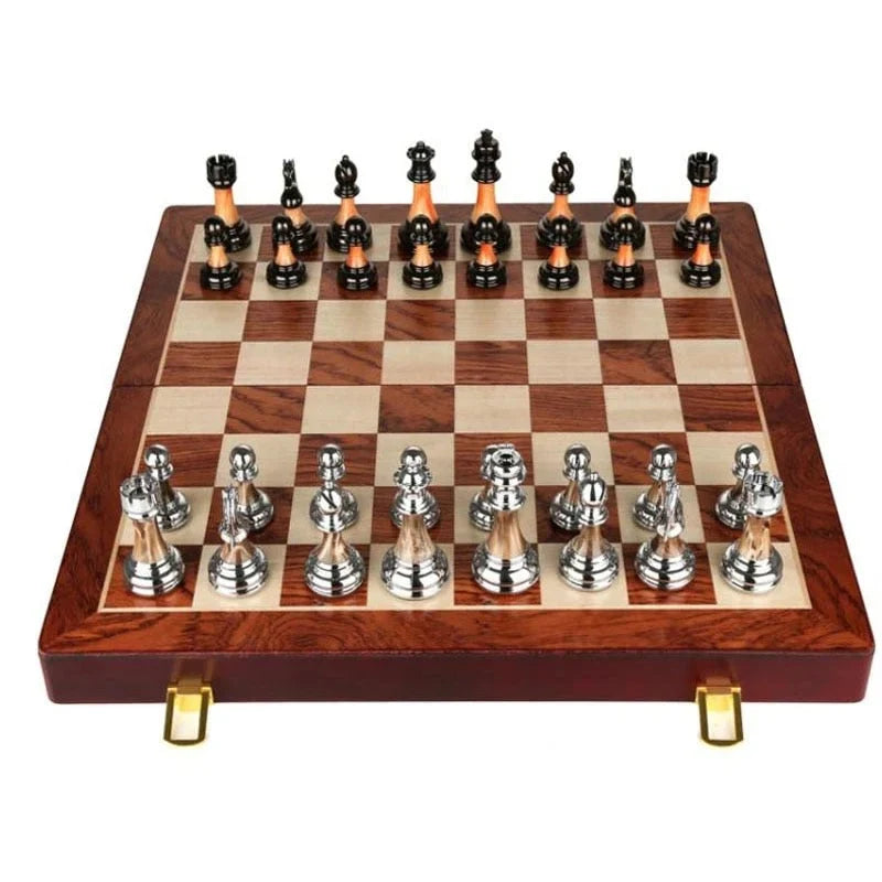 Chess Set Weighted Metal Pieces Foldable Wood Board