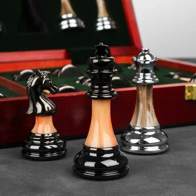 Chess Set Weighted Metal Pieces Foldable Wood Board