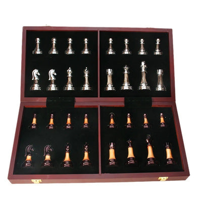 Chess Set Weighted Metal Pieces & Solid Wood Board