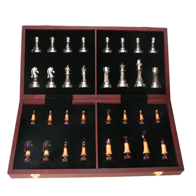 Chess Set Weighted Metal Pieces & Solid Wood Board
