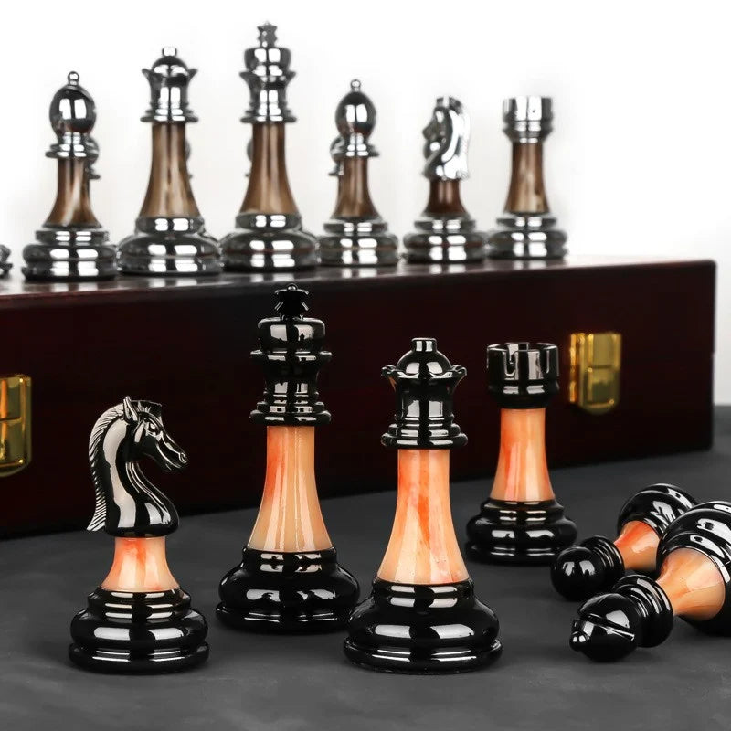 Chess Set Weighted Metal Pieces & Solid Wood Board
