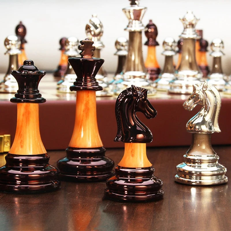 Chess Set Weighted Metal Pieces & Solid Wood Board