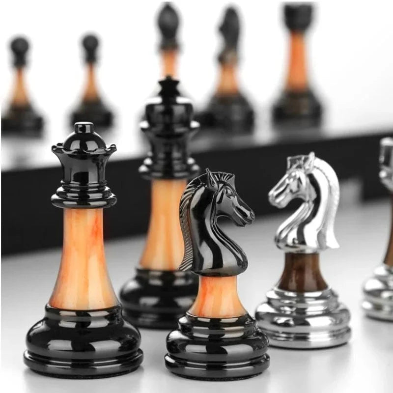 Chess Set Weighted Metal Pieces & Solid Wood Board