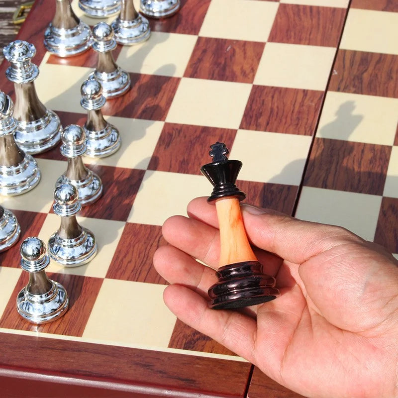 Chess Set Weighted Metal Pieces & Solid Wood Board