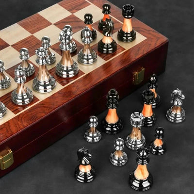 Chess Set Weighted Metal Pieces & Solid Wood Board