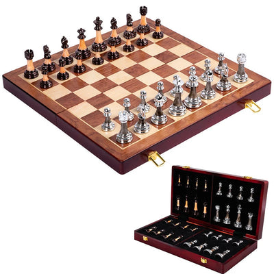 Chess Set Weighted Metal Pieces & Solid Wood Board