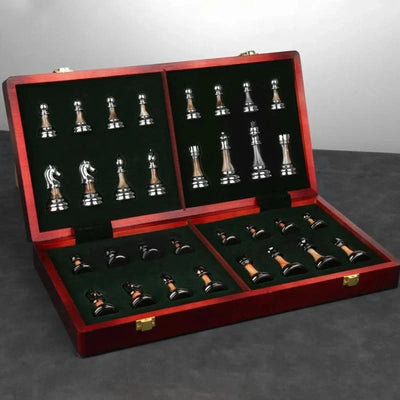 Chess Set Weighted Metal Pieces & Solid Wood Board
