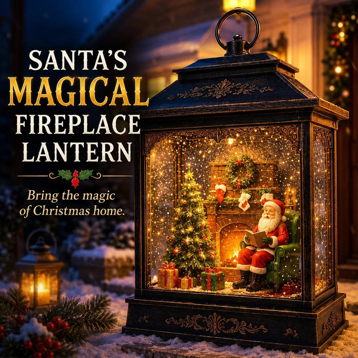 Christmas Lantern Illuminated Santa Scene Swirling Snow Effect
