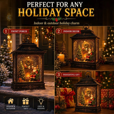 Christmas Lantern Illuminated Santa Scene Swirling Snow Effect