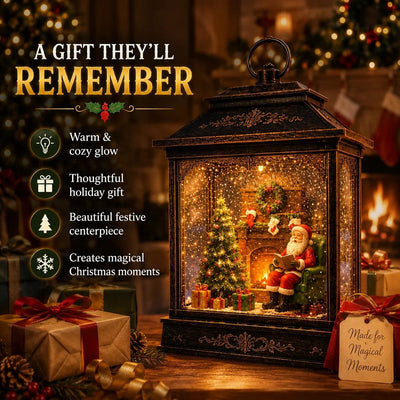 Christmas Lantern Illuminated Santa Scene Swirling Snow Effect