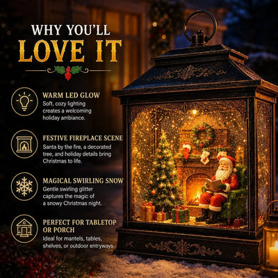 Christmas Lantern Illuminated Santa Scene Swirling Snow Effect