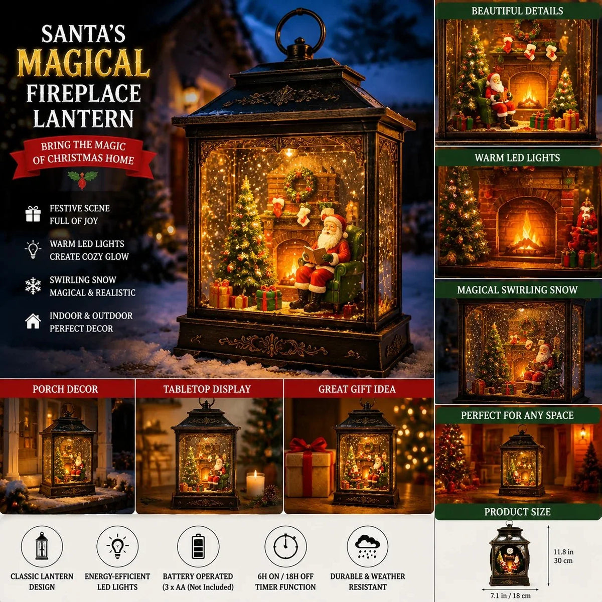 Christmas Lantern Illuminated Santa Scene Swirling Snow Effect