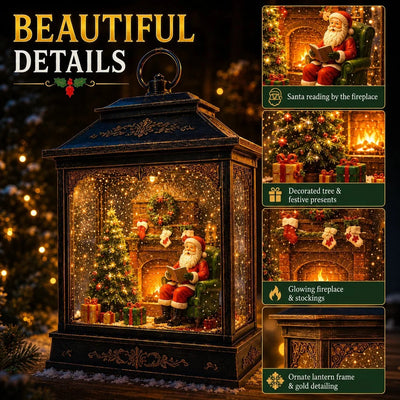 Christmas Lantern Illuminated Santa Scene Swirling Snow Effect