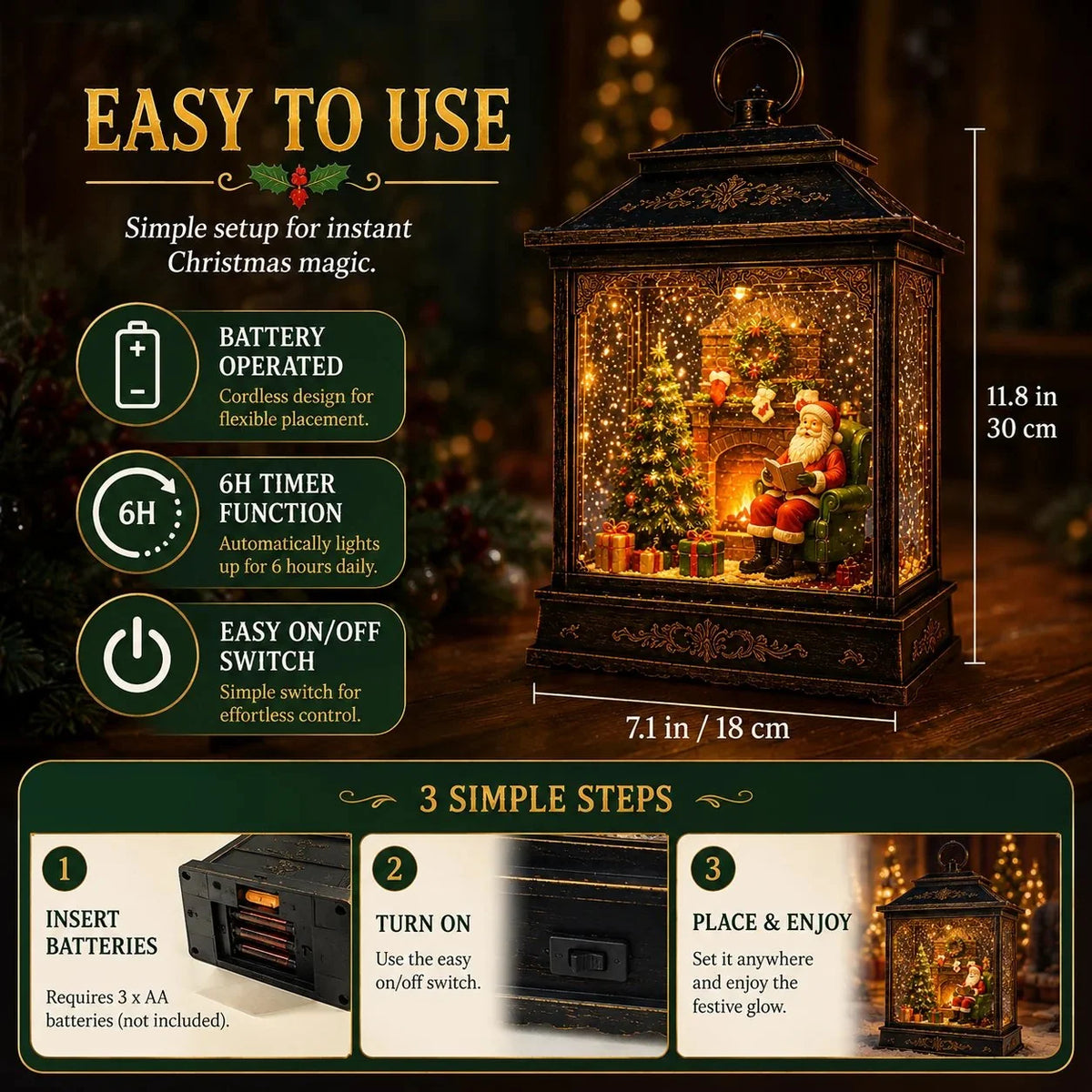 Christmas Lantern Illuminated Santa Scene Swirling Snow Effect