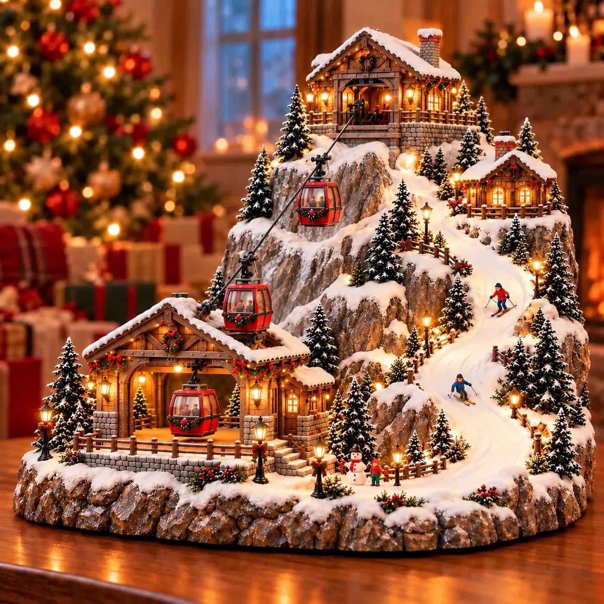 Christmas Village Scene Animated Cable Cars & Ski Slope Warm Lights