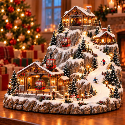 Christmas Village Scene Animated Cable Cars & Ski Slope Warm Lights