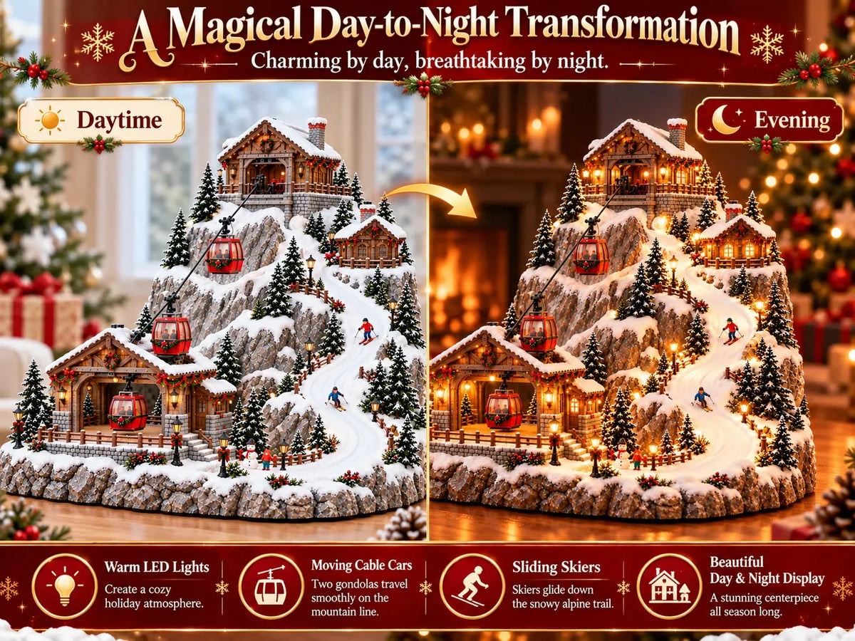 Christmas Village Scene Animated Cable Cars & Ski Slope Warm Lights