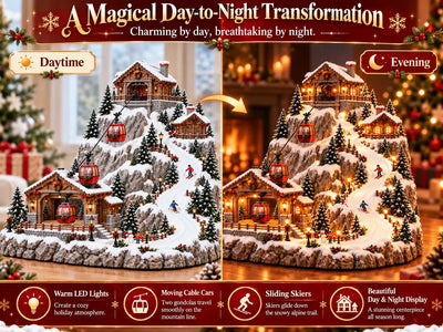 Christmas Village Scene Animated Cable Cars & Ski Slope Warm Lights