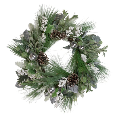 Christmas Wreath Frosted Pinecones & White Berries 24 Inch