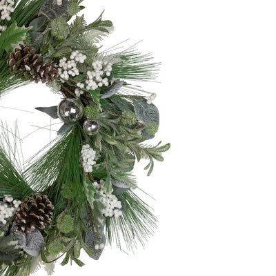 Christmas Wreath Frosted Pinecones & White Berries 24 Inch