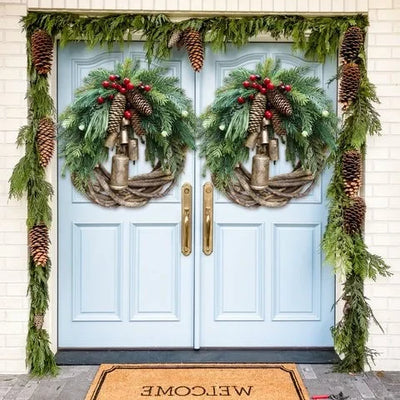Christmas Wreath Rustic Vine Pinecones Berries & Gold Bells Indoor Outdoor Decor