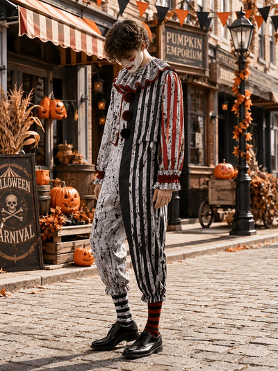Clown Costume Striped Jumpsuit Ruffled Collar、】【