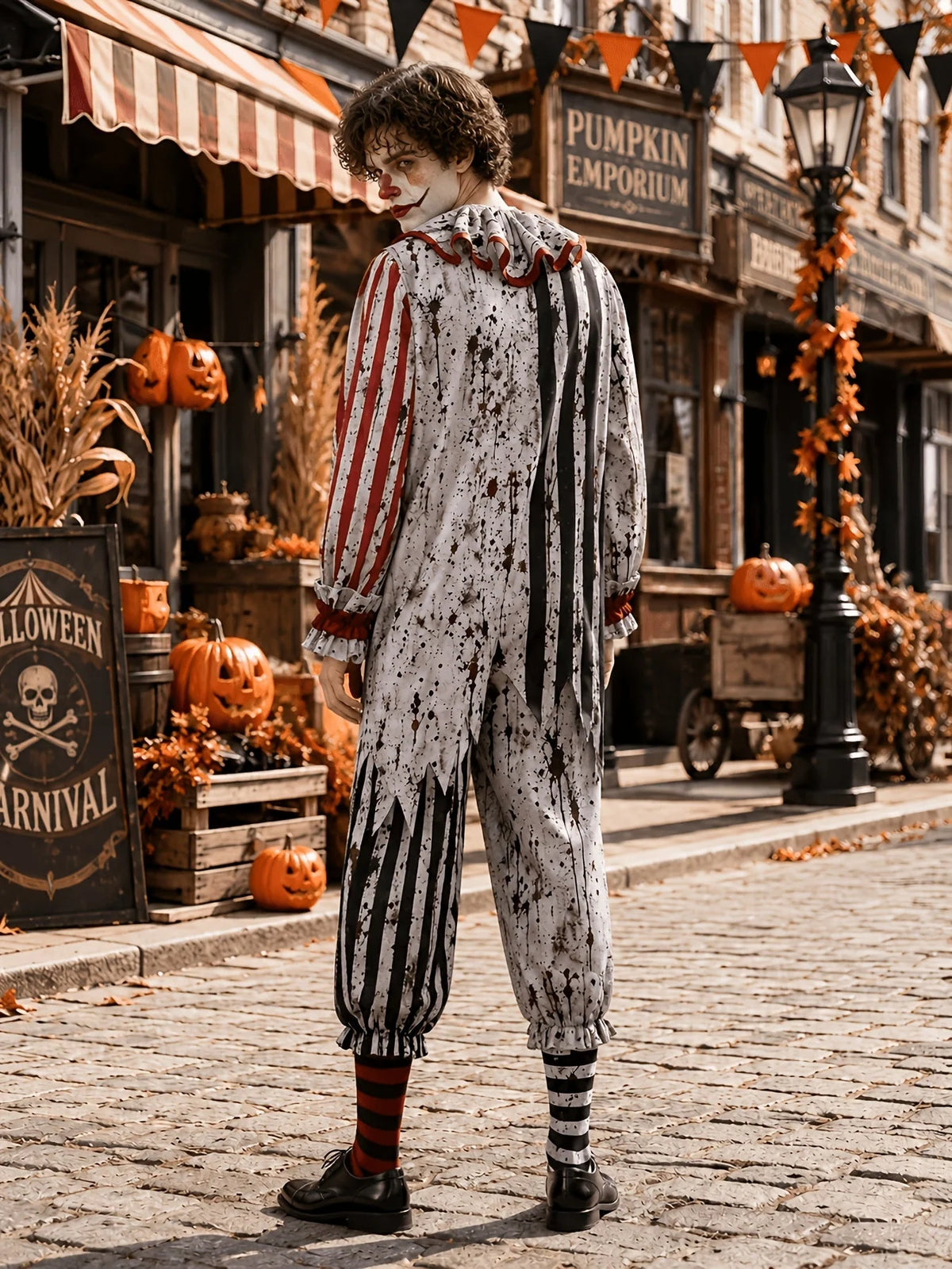 Clown Costume Striped Jumpsuit Ruffled Collar、】【