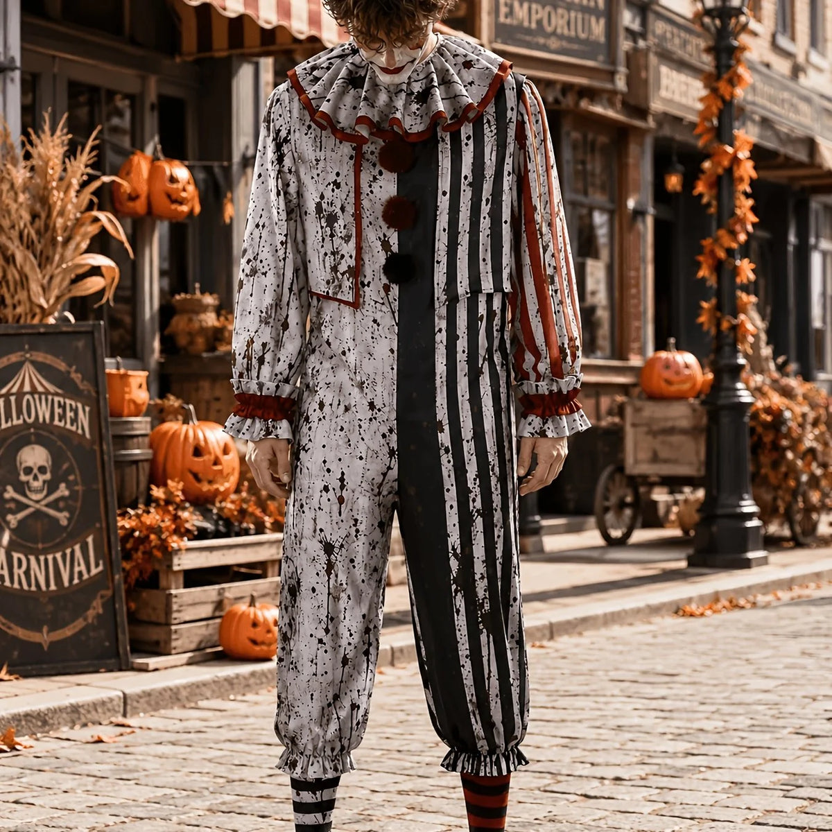 Clown Costume Striped Jumpsuit Ruffled Collar、】【