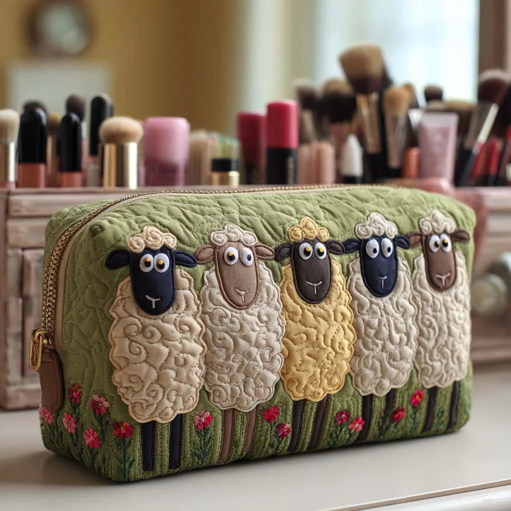 Cosmetic Bag Quilted Padded Sheep Print Zip-Around Closure