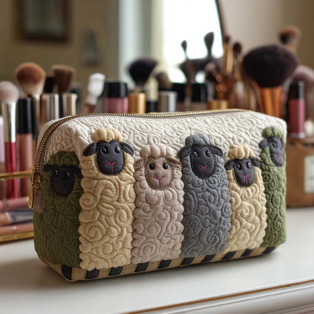 Cosmetic Bag Quilted Padded Sheep Print Zip-Around Closure