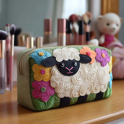 Cosmetic Bag Quilted Padded Sheep Print Zip-Around Closure